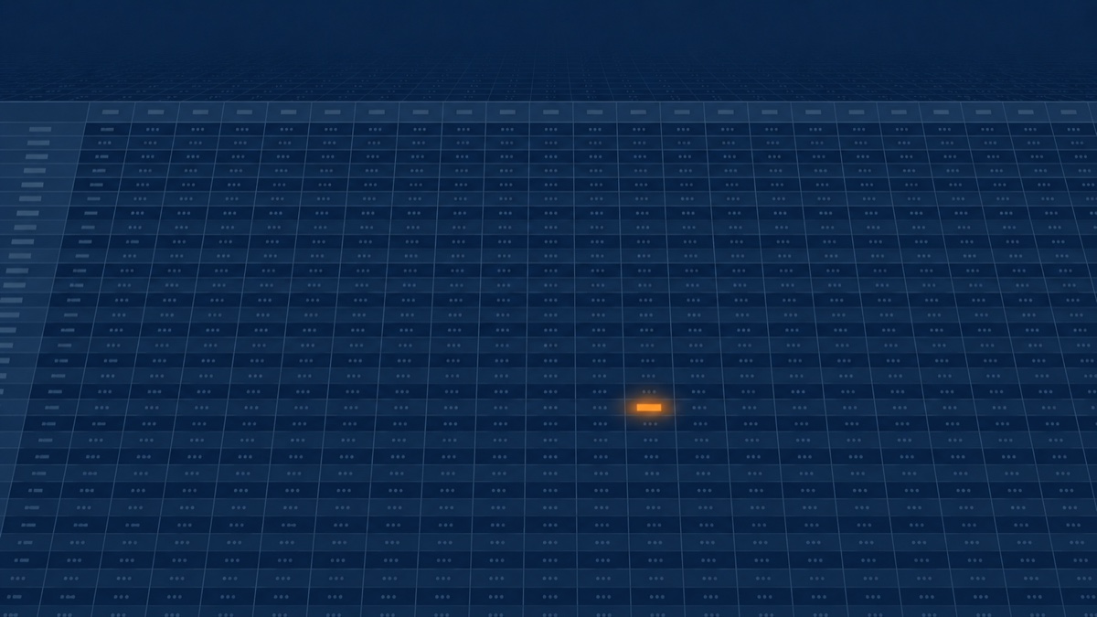 Illustration of an endless grid of spreadsheet data extending toward the horizon, with a single cell glowing orange among millions of muted ones.