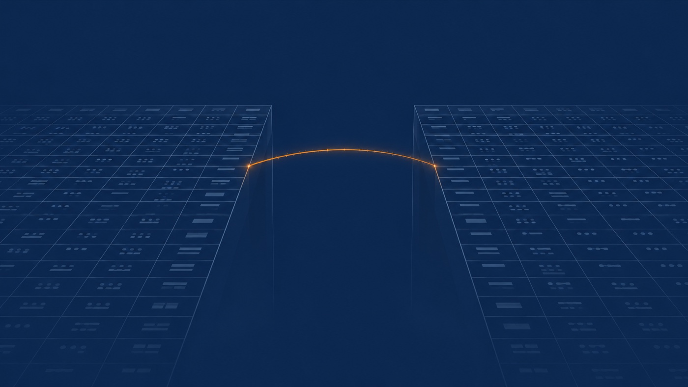 Two plateaus of published data separated by a dark chasm, connected by a single glowing amber arc.