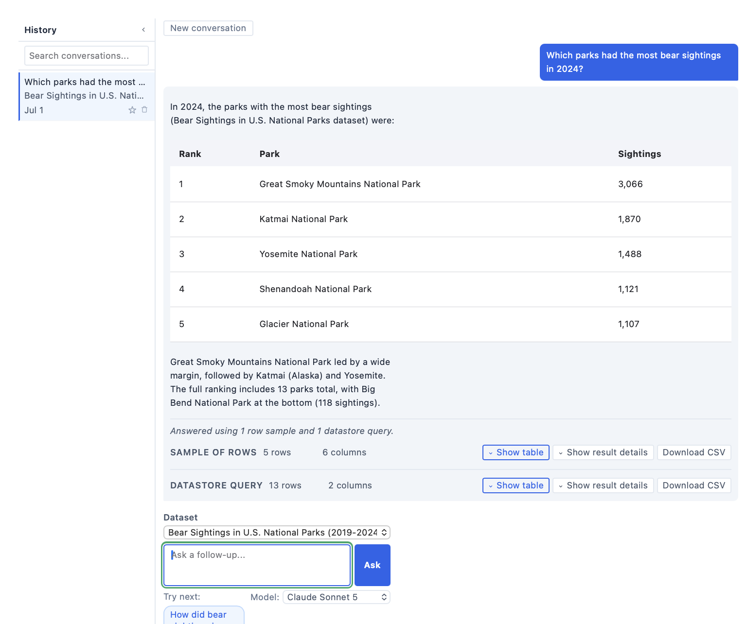 Chat widget answering 'Which parks had the most bear sightings in 2024?' with a ranked table led by Great Smoky Mountains National Park at 3,066 sightings, plus sample-row and datastore-query result panels.